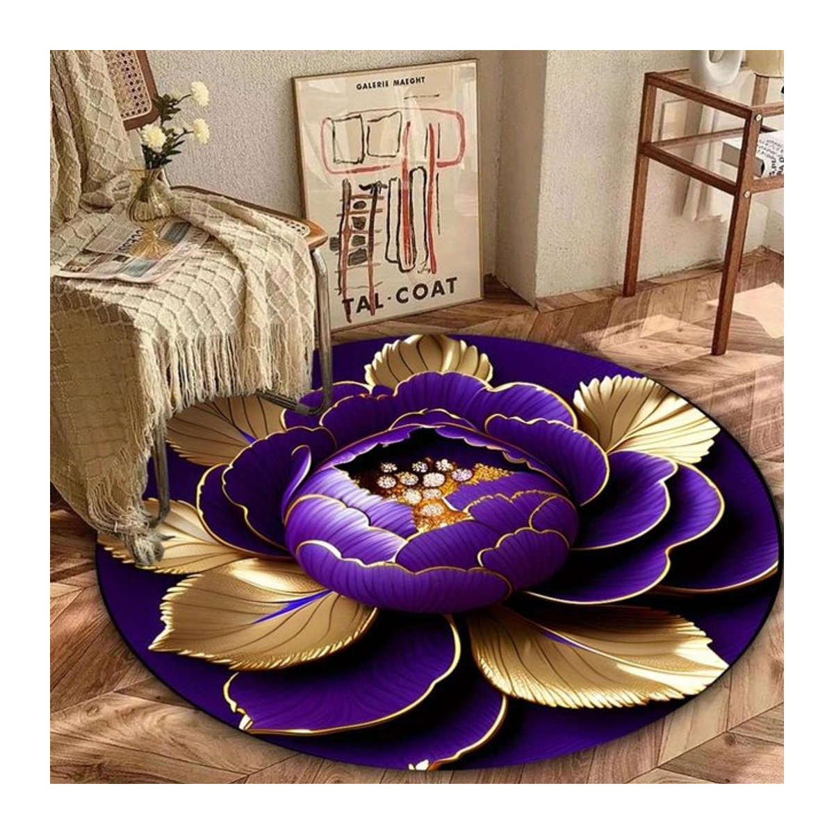 Waschbarer Rundteppich Karpetti mit Pfingstrosen-Design in Lila und Gold, Durchmesser: 90 cm - Bild 1