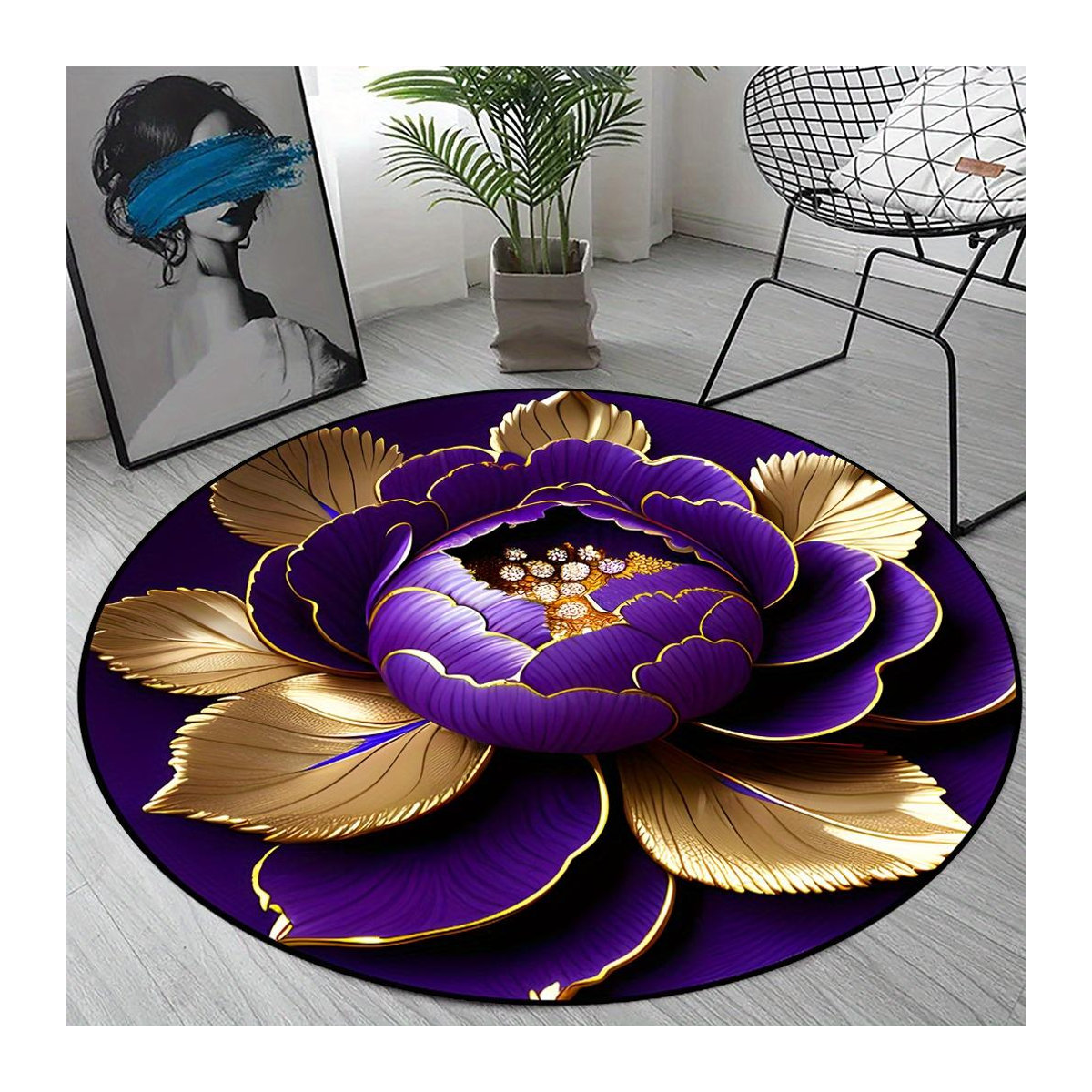 Waschbarer Rundteppich Karpetti mit Pfingstrosen-Design in Lila und Gold, Durchmesser: 90 cm - Bild 2