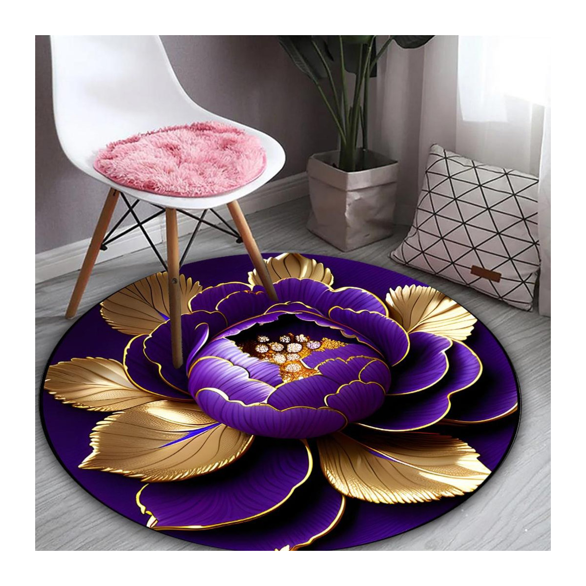 Waschbarer Rundteppich Karpetti mit Pfingstrosen-Design in Lila und Gold, Durchmesser: 90 cm - Bild 3