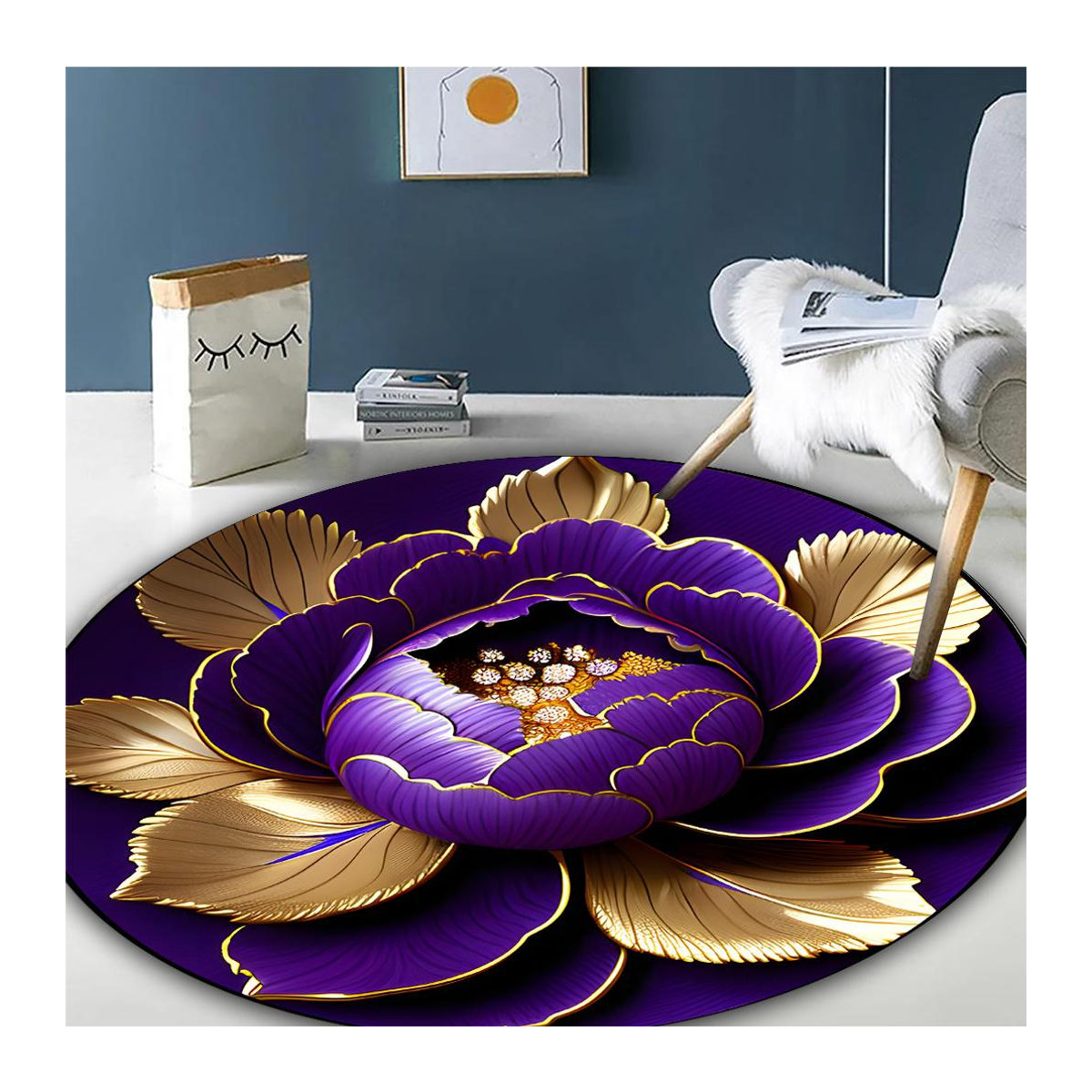 Waschbarer Rundteppich Karpetti mit Pfingstrosen-Design in Lila und Gold, Durchmesser: 90 cm - Bild 4