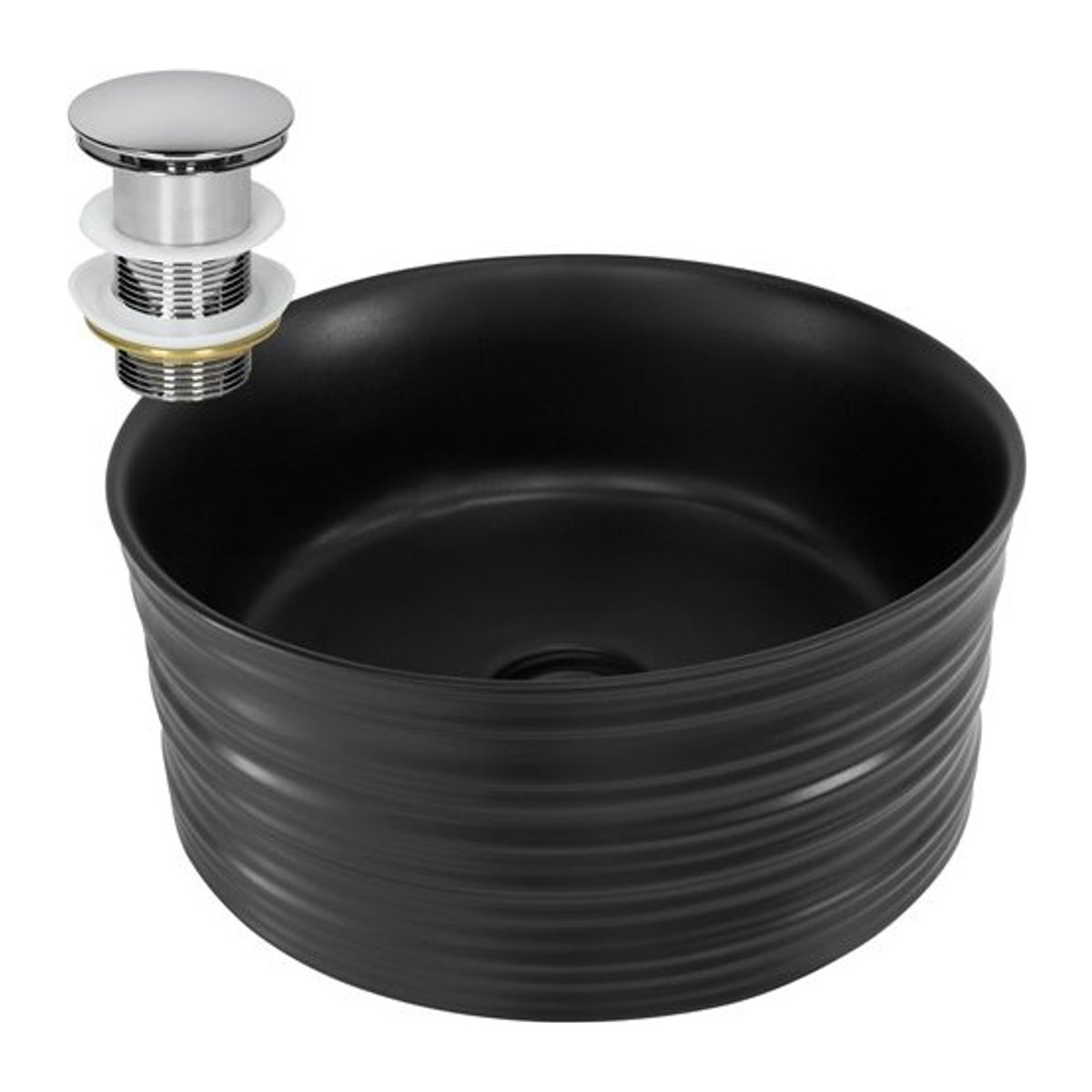 Waschbecken aus Keramik in Schwarz mit Ablaufgarnitur in Silber von ML-Design ohne Überlauf Ø 41 cm, Höhe: 18 cm - Bild 1