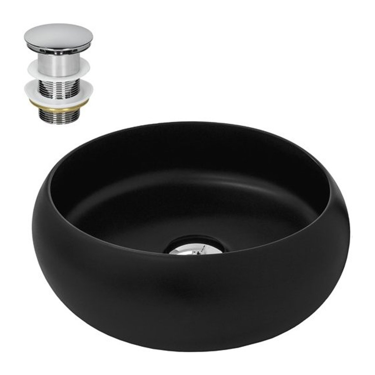 Waschbecken aus Keramik in Schwarz mit silberner Ablaufgarnitur ohne Überlauf von ML-Design Ø 35 cm, Höhe: 12 cm - Bild 1