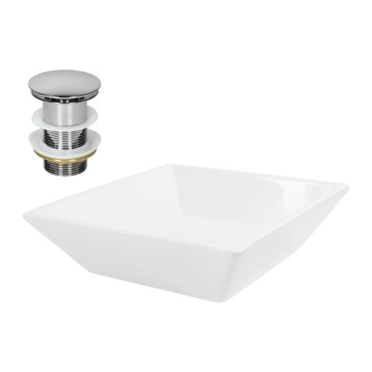Waschbecken aus Keramik in Weiß mit Ablaufgarnitur in Silber, ohne Überlauf, B/T/H: 41 x 41 x 12 cm, ML-Design - Bild 1