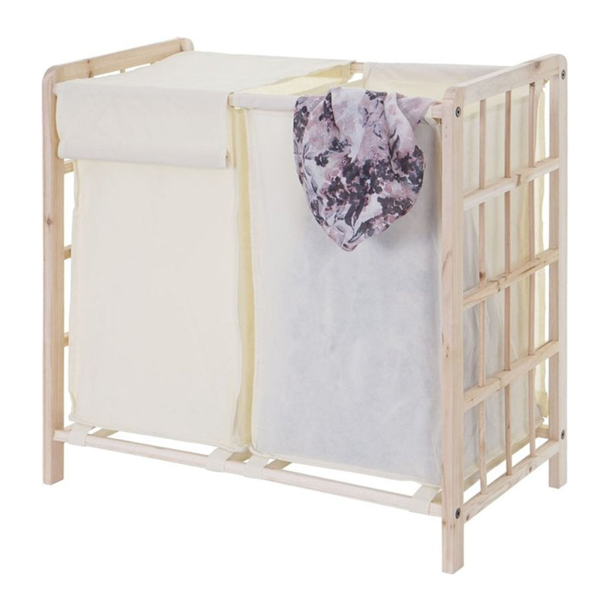 Wäschekorb MCW Wäschesammler aus Massivholz mit 2 Fächern in Hellbraun und Creme, Skandinavisch Design, B/T/H: 60 x 60 x 33 cm - Bild 1