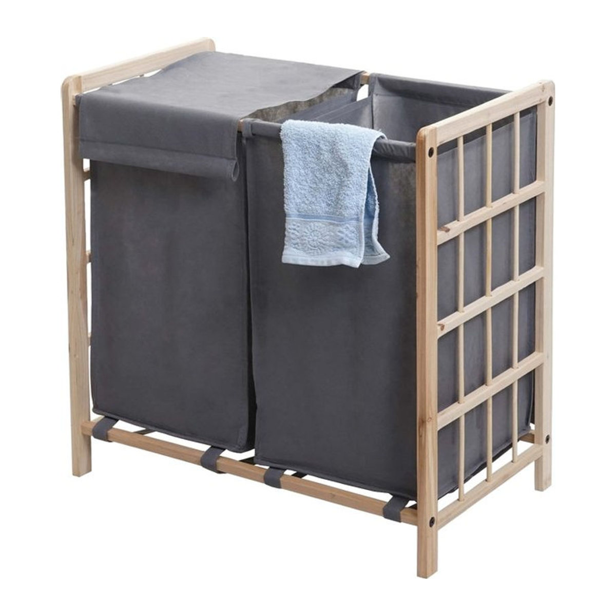 Wäschekorb MCW Wäschesammler aus Massivholz mit 2 Fächern in Skandinavischem Design, Farbe Braun und Grau, B/T/H: 60 x 60 x 33 cm - Bild 1