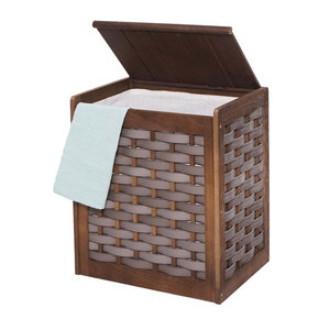 Wäschekorb MCW Wäschesammler und Wäschesortierer aus Massivholz im Shabby-Look Landhausstil, Farbe: Braun, B/T/H: 61 x 51 x 35 cm