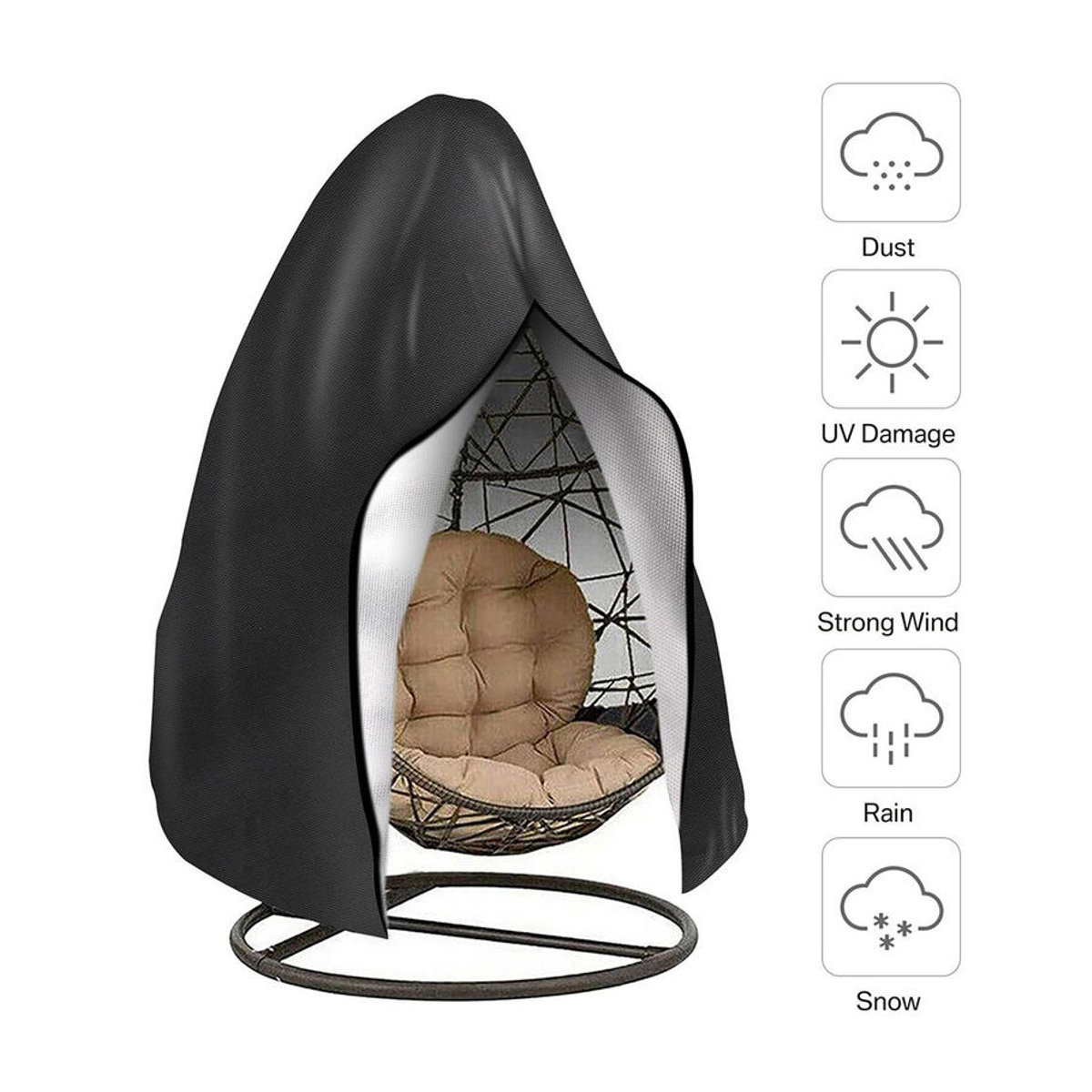 Wasserdichte Hängesessel-Abdeckung mit Reißverschluss für Garten und Außenbereich, UV-beständig und wetterfest, Binchi Lighting Appliances, Schwarz, B: 115 cm, H: 190 cm - Bild 5