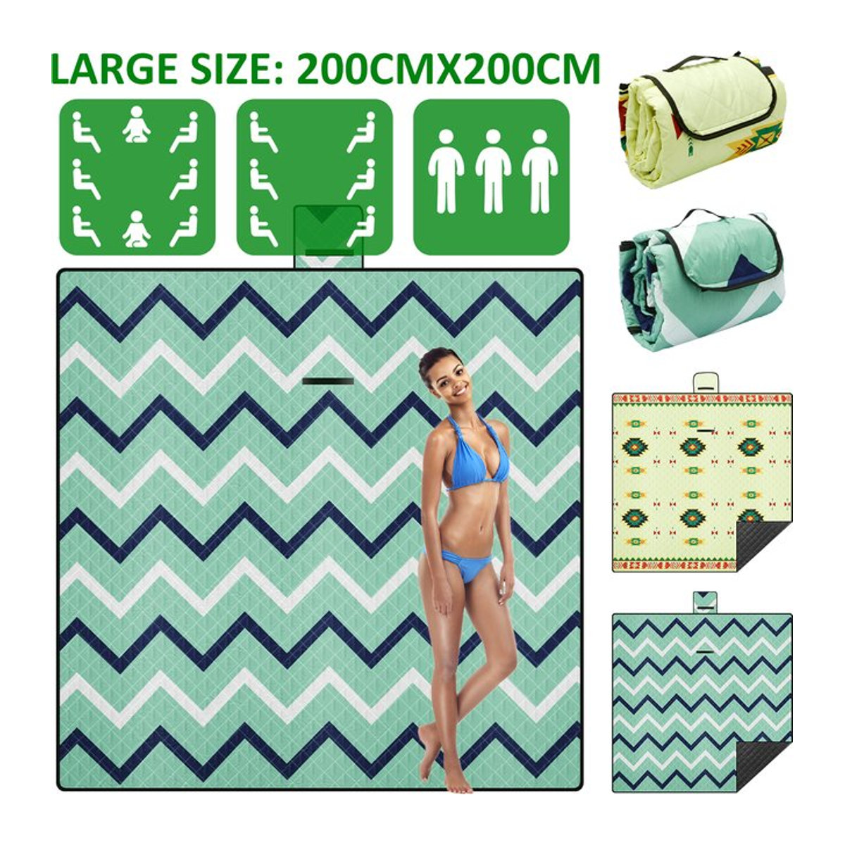 Wasserdichte Picknickdecke mit Tragegriff Blue Wave, faltbare 3-lagige Strandmatte für unterwegs, B/B: 200 x 200 cm - Bild 1