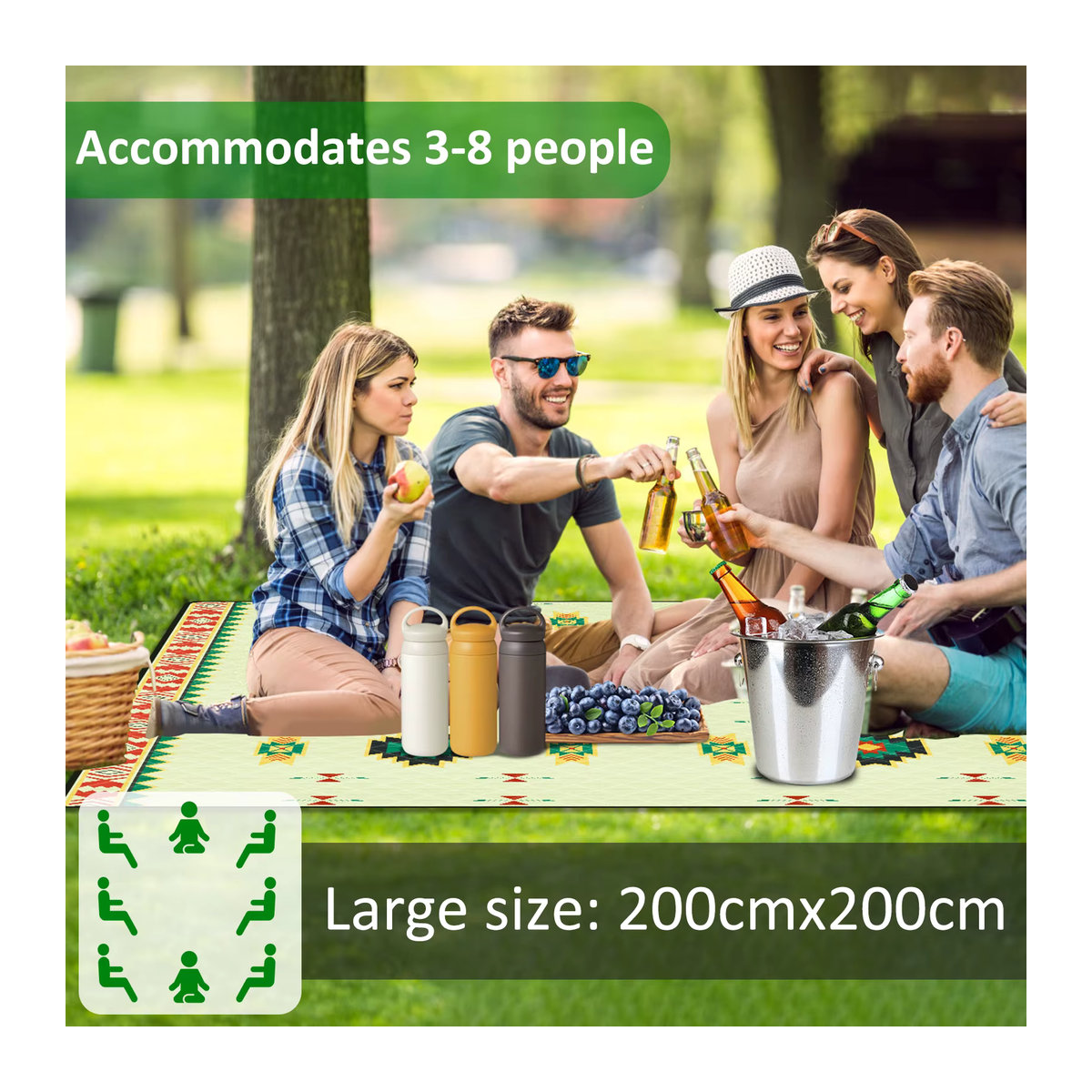 Wasserdichte Picknickdecke mit Tragegriff Blue Wave, faltbare 3-lagige Strandmatte für unterwegs, B/B: 200 x 200 cm - Bild 2