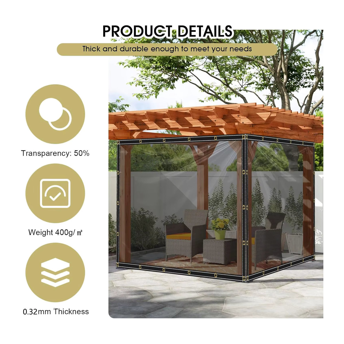 Wasserdichte PVC Plane mit Ösen als Sonnenschutz und Sichtschutz für Garten, Balkon oder Pavillon, 400 g/m2 - Bild 2