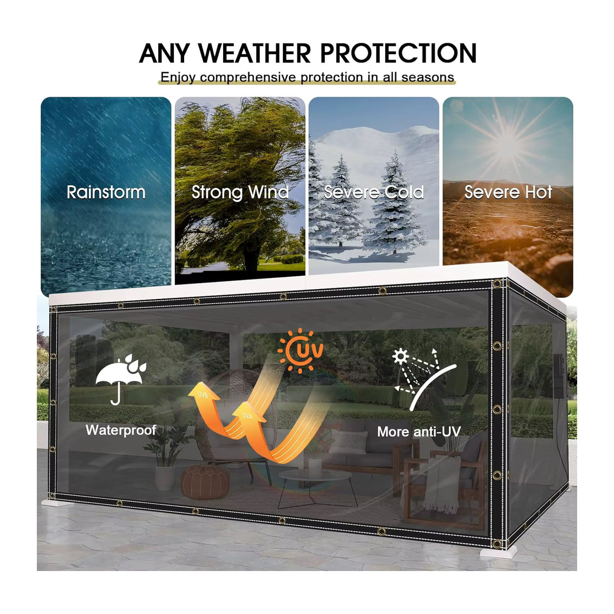Wasserdichte PVC Plane mit Ösen als Sonnenschutz und Sichtschutz für Garten, Balkon oder Pavillon, 400 g/m2 - Bild 4
