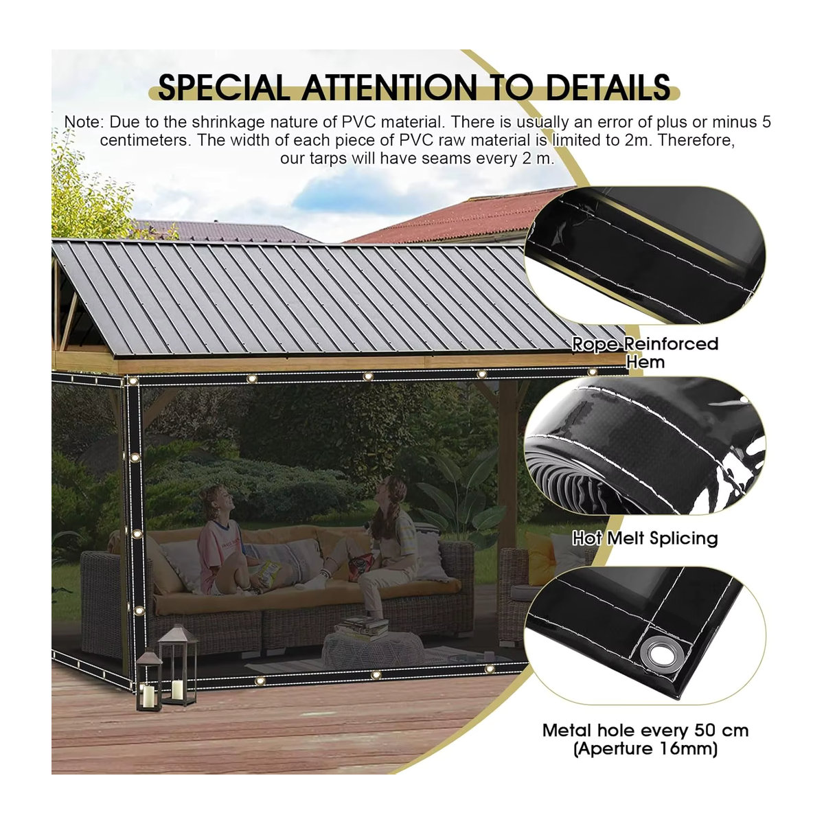 Wasserdichte PVC Plane mit Ösen als Sonnenschutz und Sichtschutz für Garten, Balkon oder Pavillon, 400 g/m2 - Bild 5