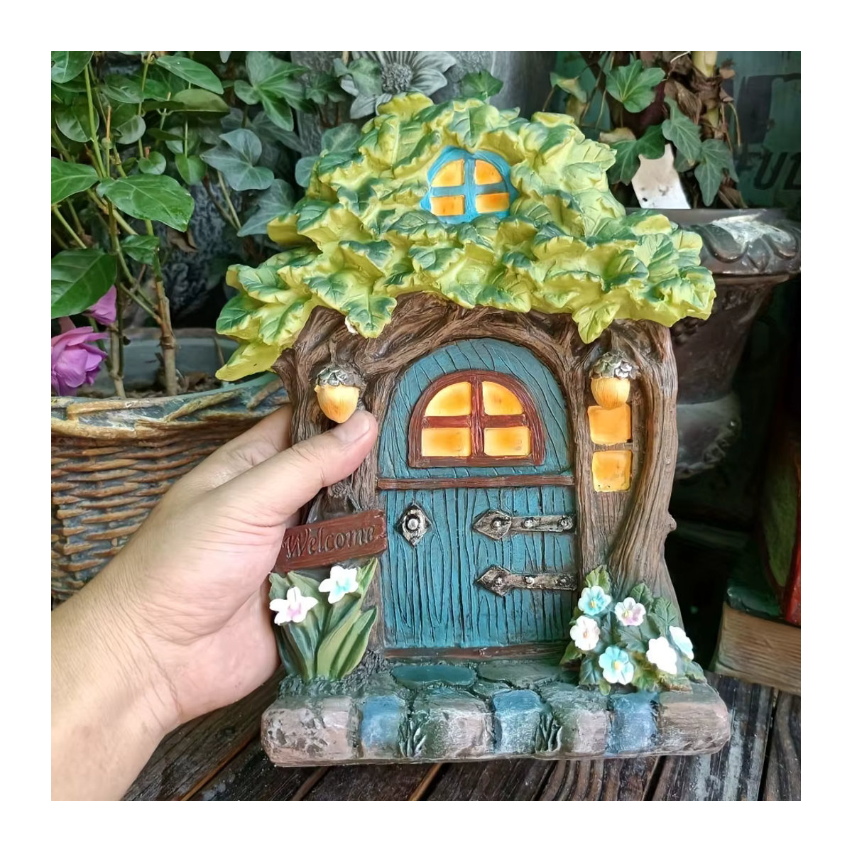 Wasserdichte Solarleuchte in Hausform mit Blumen-Dekoration aus Kunstharz, Bunt - Bild 2