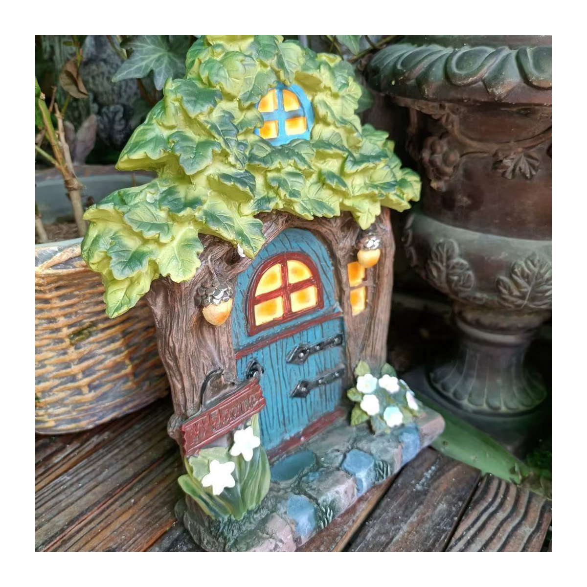 Wasserdichte Solarleuchte in Hausform mit Blumen-Dekoration aus Kunstharz, Bunt - Bild 3