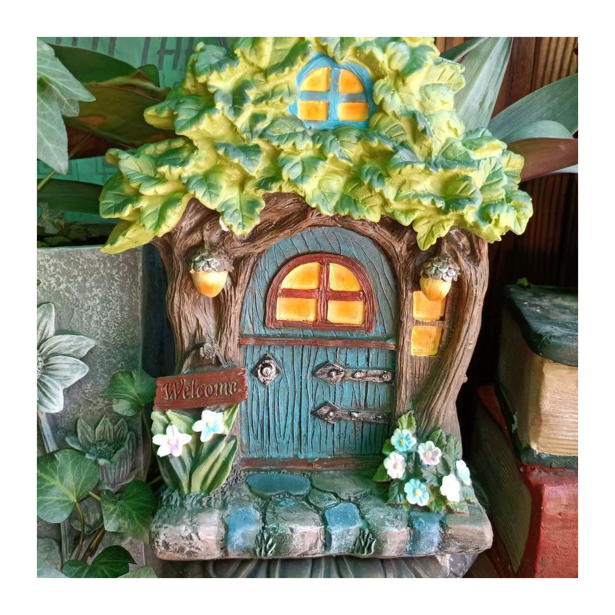 Wasserdichte Solarleuchte in Hausform mit Blumen-Dekoration aus Kunstharz, Bunt - Bild 4