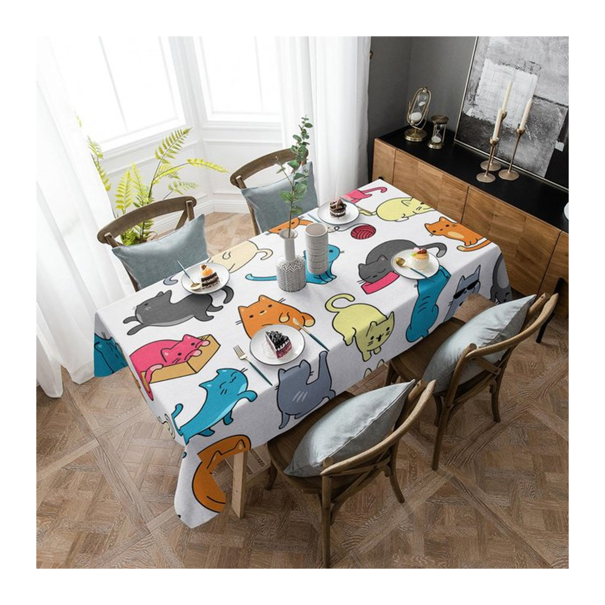 Wasserdichte Tischdecke mit Cartoon-Katzen-Motiv in Multicolor, Durchmesser: 153 cm - Bild 1