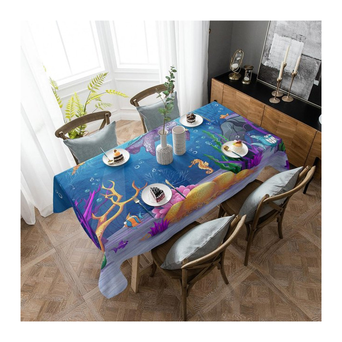 Wasserdichte Tischdecke mit Ozean-Motiv Schildkröte Seepferdchen und Koralle im Cartoon-Design, 4er-Set, B/T: 84 x 122 cm - Bild 1