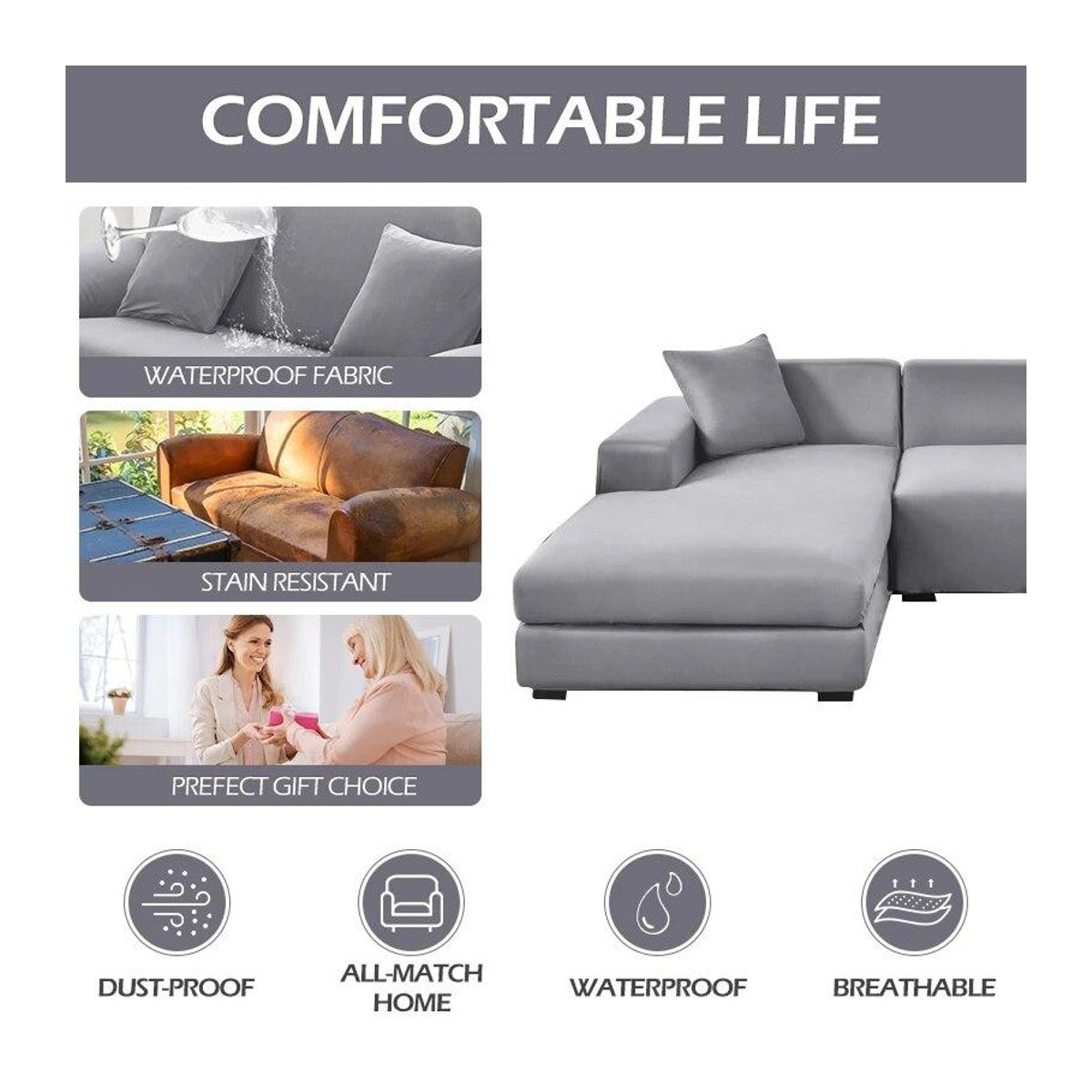 Wasserdichte und atmungsaktive Stretch Sofa Abdeckung für Gartenmöbel und Wohnzimmer von A Family Of Home Textiles in Grau, Größe XL - Bild 2