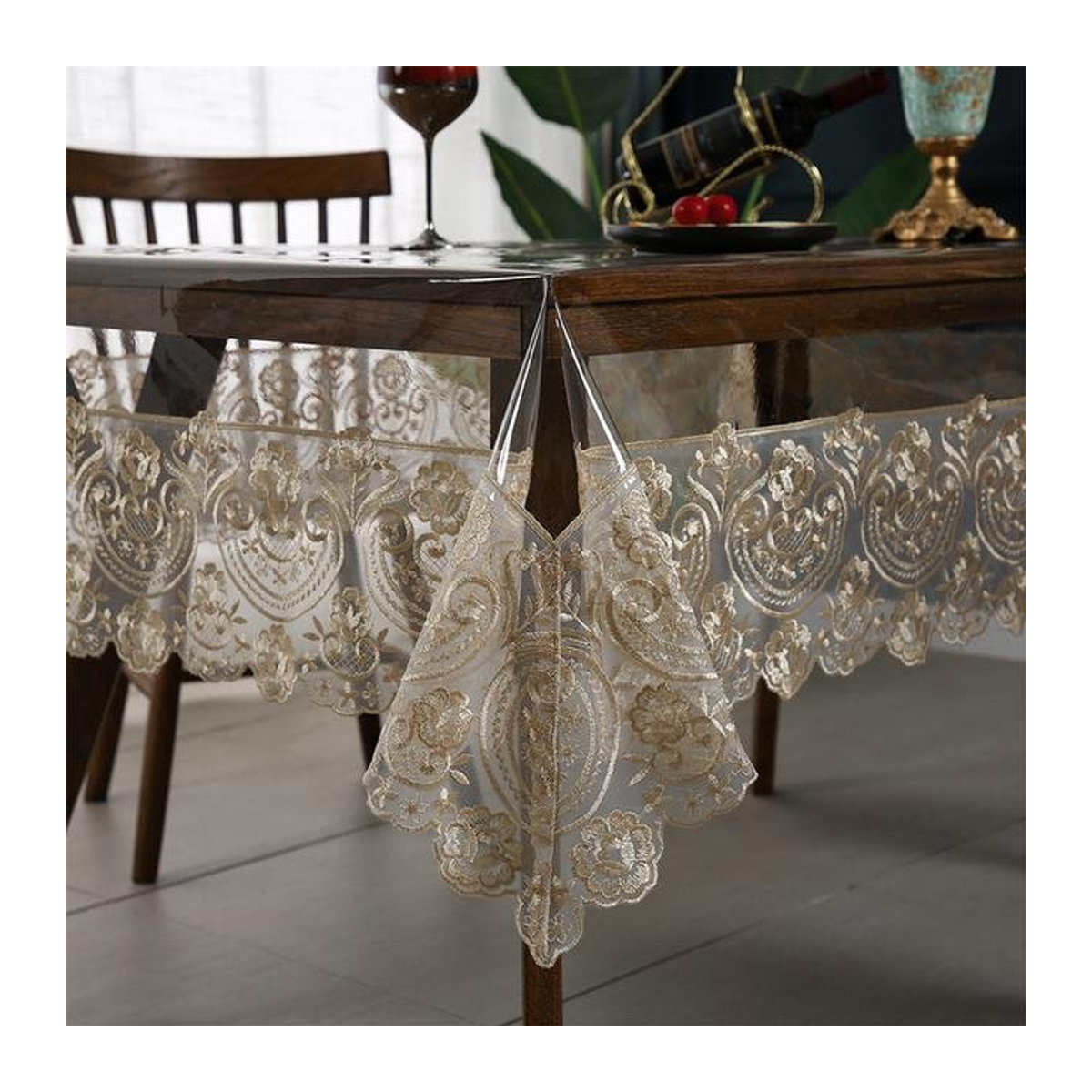 Wasserdichte und ölbeständige PVC-Tischdecke von Your Warm Home in Champagner mit bestickter Spitze, B/T/H: 85 x 85 x 0 cm - Bild 1