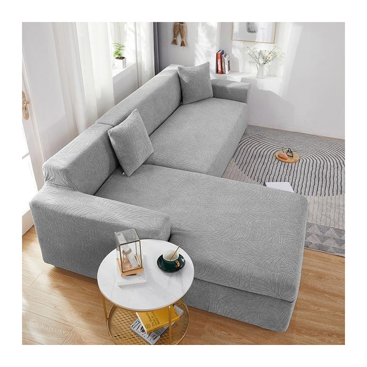 Wasserdichter Stretch-Jacquard-Spandex Sofabezug in L-Form für Ecksofas und Bänke, 2 Sitze, 145-185 cm, Lichtgrau - Bild 1