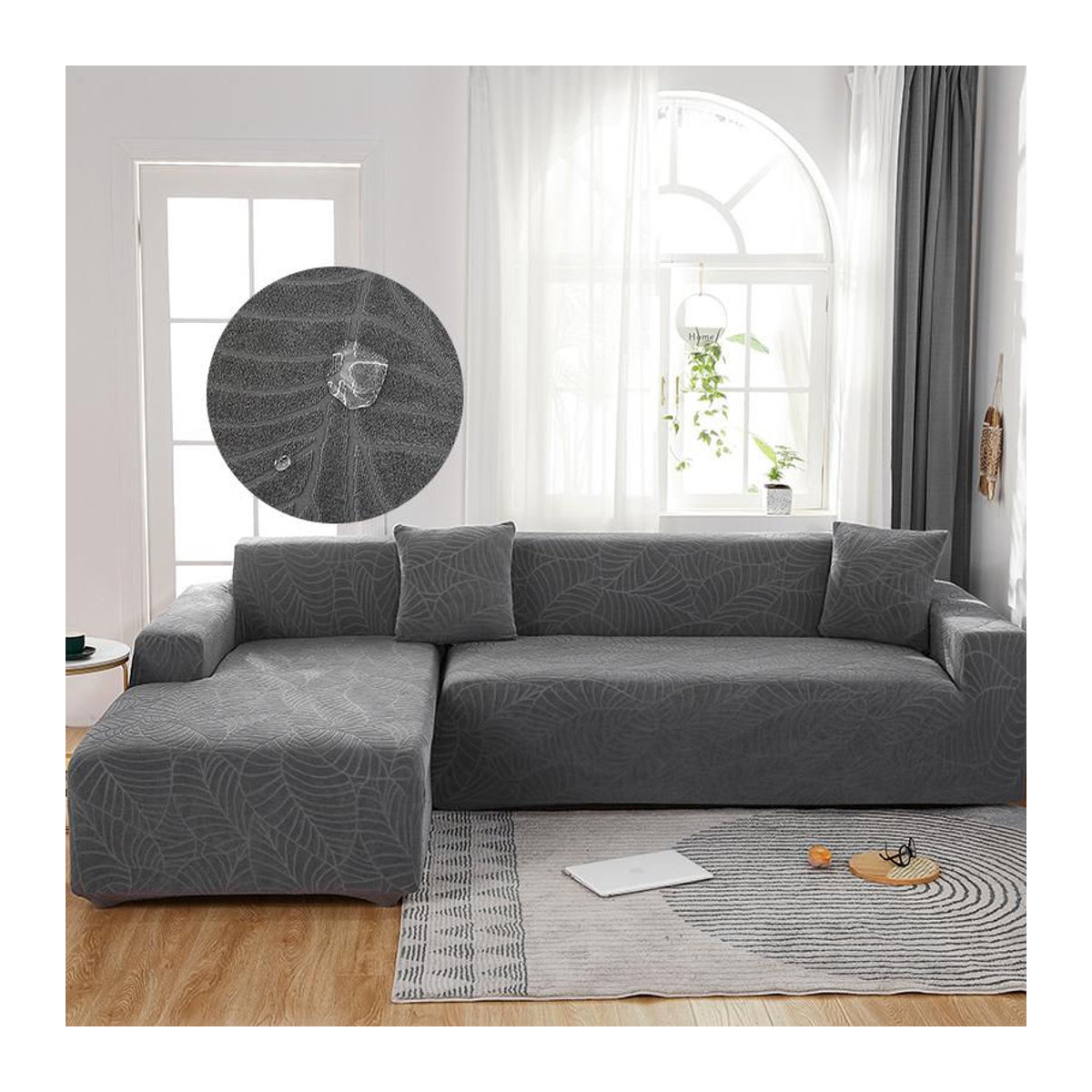 Wasserdichter Stretch-Jacquard-Spandex Sofabezug in L-Form für Ecksofas und Bänke, 2 Sitze, 145-185 cm, Lichtgrau - Bild 3