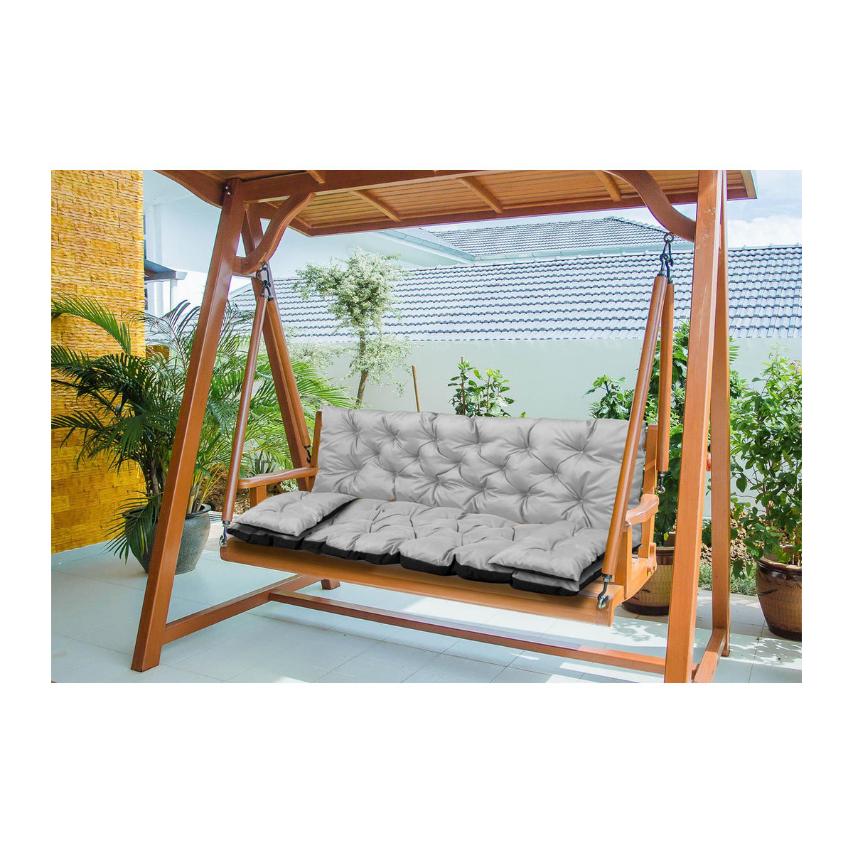 Wasserdichtes Gartenkissen-Set von AIOFACTORY OGROD für Bank oder Schaukel mit Bindeschnüren und kleinen Kissen, Farbe: Beige/Grau, B/T/H: 100 x 60 x 50 cm - Bild 3