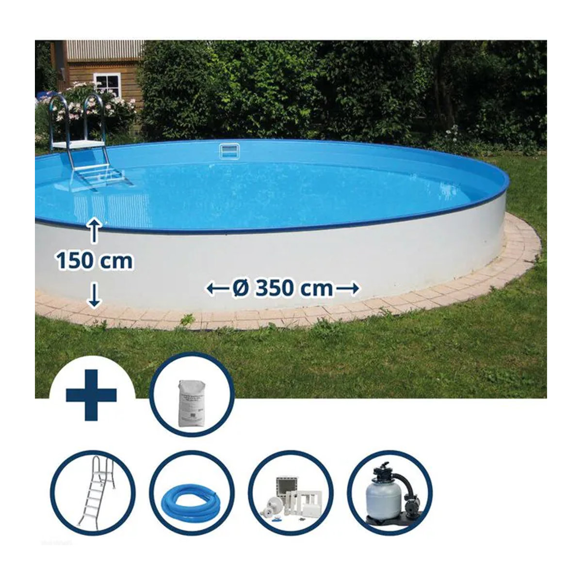 Waterman Stahlwandpool Set Bahrain Rund, 7-teilig, Weiß und Blau, Durchmesser: 350 cm, Höhe: 150 cm - Bild 1