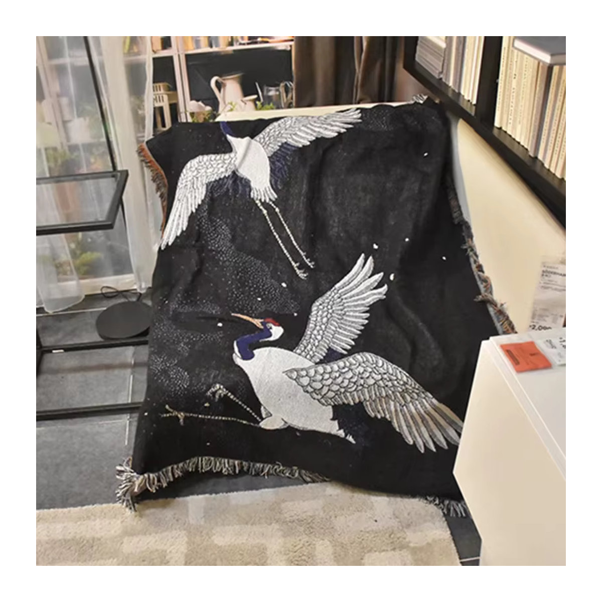 Weiche Bettdecke mit japanischem Kranich- und Blumenmuster in Schwarz - Bild 5