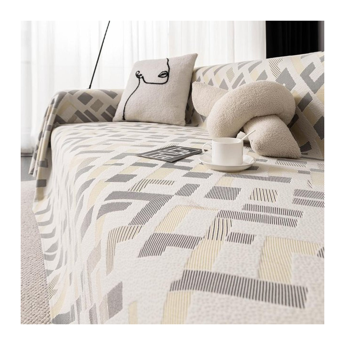 Weiche Chenille Sofa Decke mit Geometrie-Muster in Grau, rutschfest und universell einsetzbar, B/B: 180 x 180 cm - Bild 1