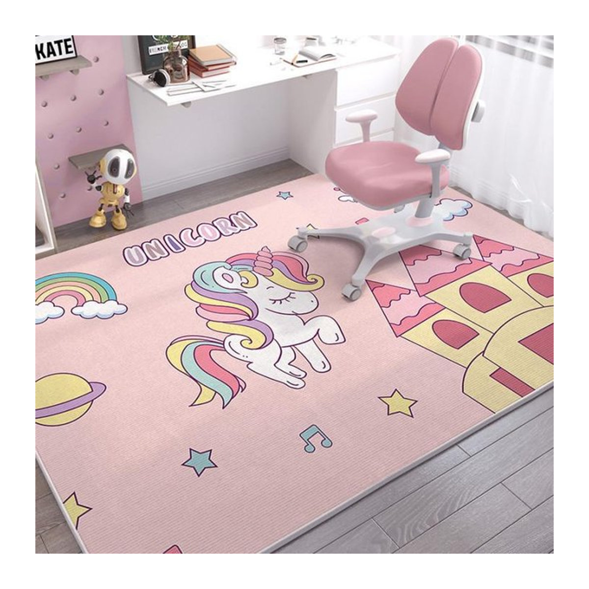 Weiche Teppichmatte für Kinder mit Einhorn-Tiermuster und Happy-Schriftzug in Rosa, B/B: 40 x 60 cm - Bild 1