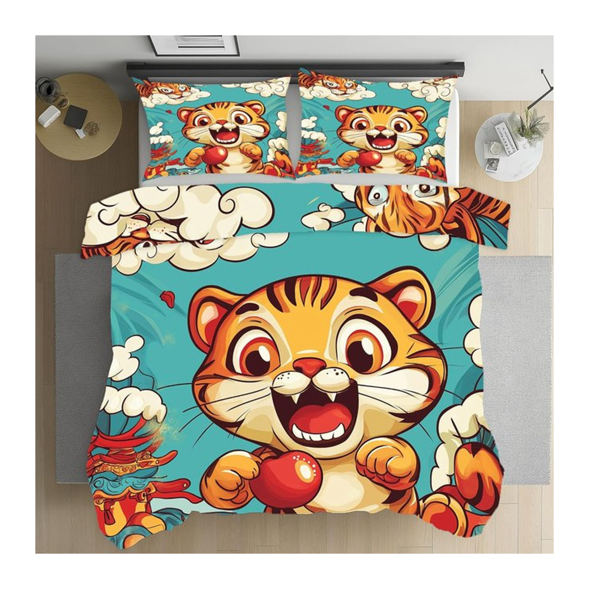 Weiches Mikrofaser Bettwäsche-Set mit Cartoon Tiger Motiv in Multicolor, bestehend aus Wendebettbezug und Kissenbezug, B/H: 90 x 200 cm, Kissenbezug: 75 x 50 cm - Bild 1
