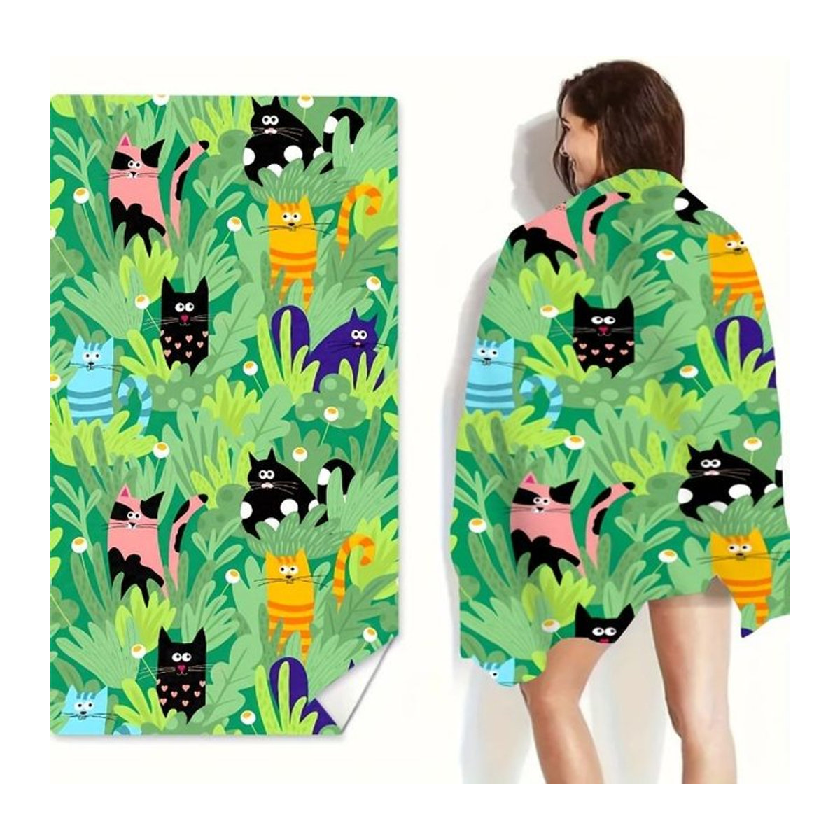 Weiches Strandtuch mit Cartoon-Katzen und Dschungelblatt-Print für Kinder und Frauen, Multicolor, B: 30 cm, H: 60 cm - Bild 1