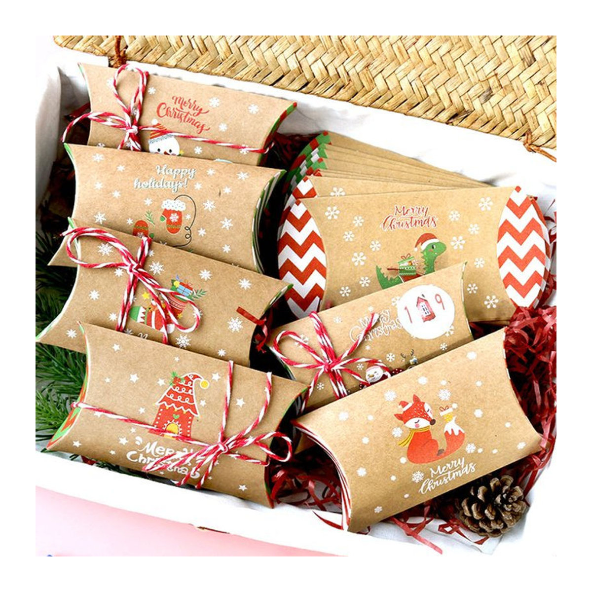 WEIGAO 24er Set Weihnachts Geschenkboxen in Kissenform aus Kraftpapier, mehrfarbig mit floralem Design - Bild 1
