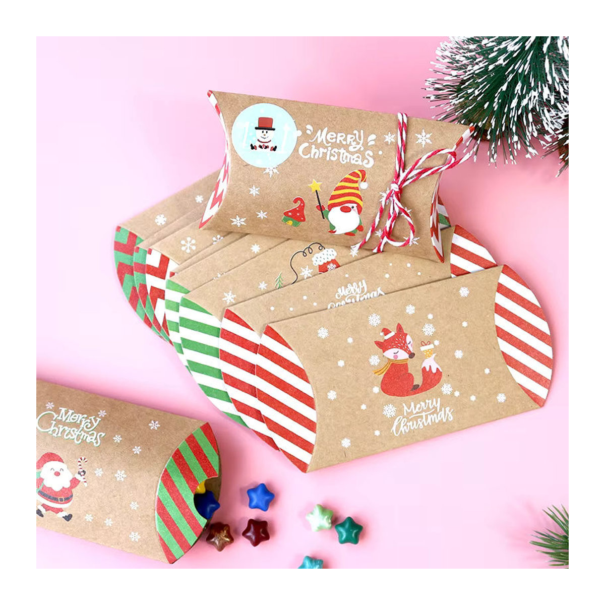 WEIGAO 24er Set Weihnachts Geschenkboxen in Kissenform aus Kraftpapier, mehrfarbig mit floralem Design - Bild 3