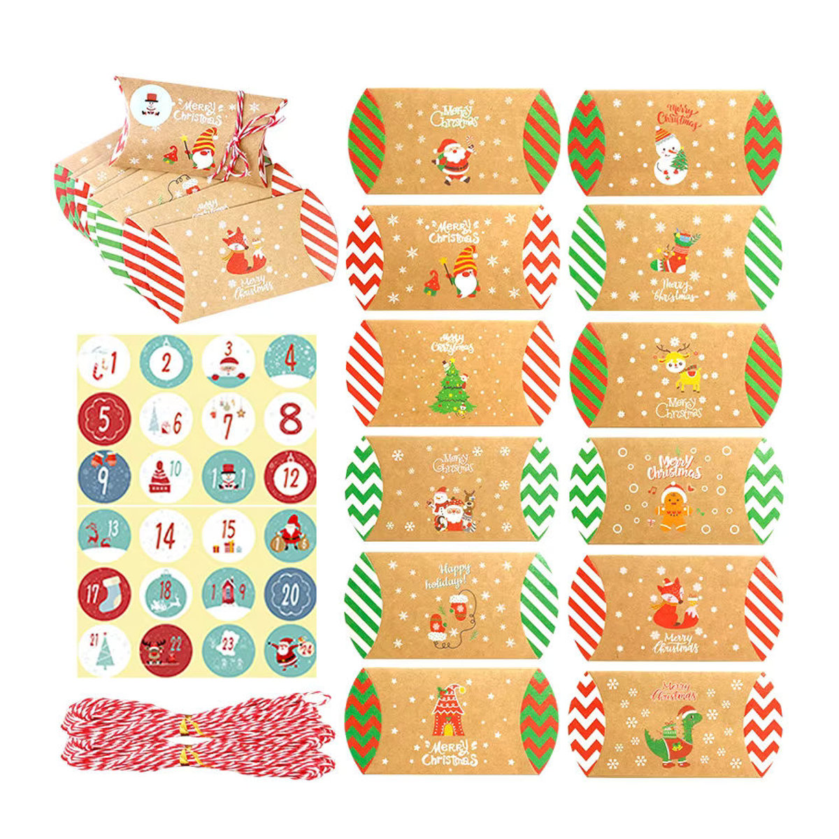 WEIGAO 24er Set Weihnachts Geschenkboxen in Kissenform aus Kraftpapier, mehrfarbig mit floralem Design - Bild 4