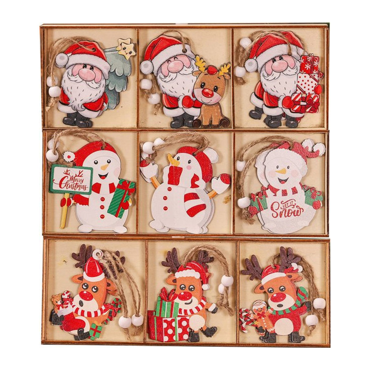 WEIGAO 9er Set Holz Weihnachtsanhänger mit Weihnachtsmann, Schneemann und Rentier in Mehrfarbig für skandinavische Weihnachtsdekoration - Bild 1