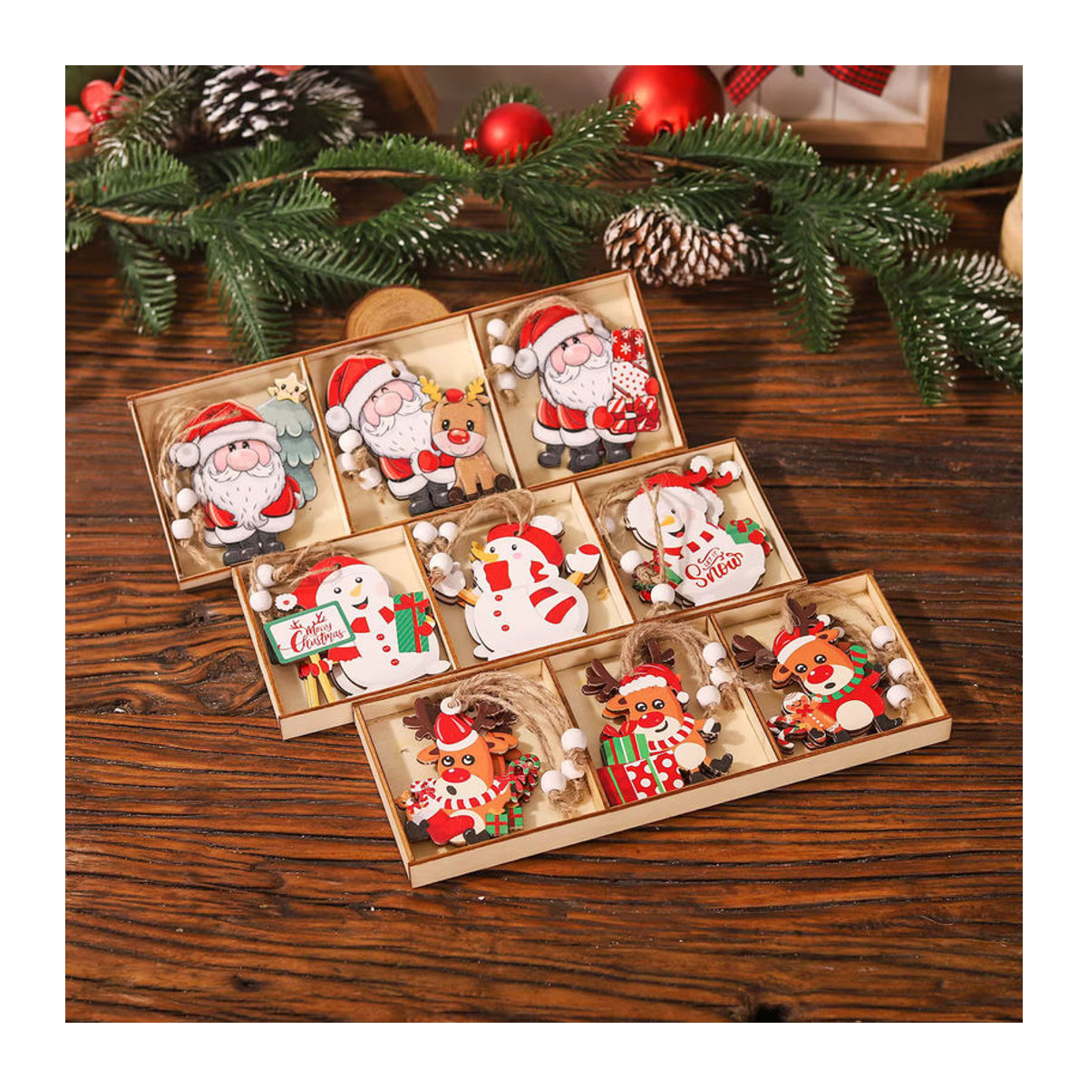 WEIGAO 9er Set Holz Weihnachtsanhänger mit Weihnachtsmann, Schneemann und Rentier in Mehrfarbig für skandinavische Weihnachtsdekoration - Bild 2