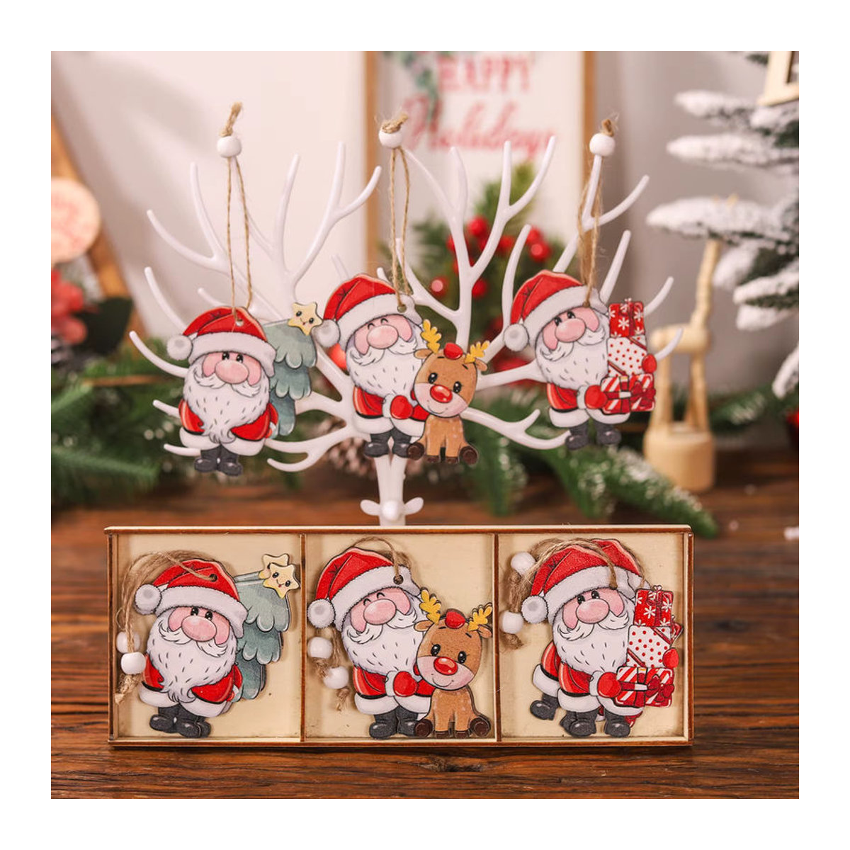 WEIGAO 9er Set Holz Weihnachtsanhänger mit Weihnachtsmann, Schneemann und Rentier in Mehrfarbig für skandinavische Weihnachtsdekoration - Bild 3