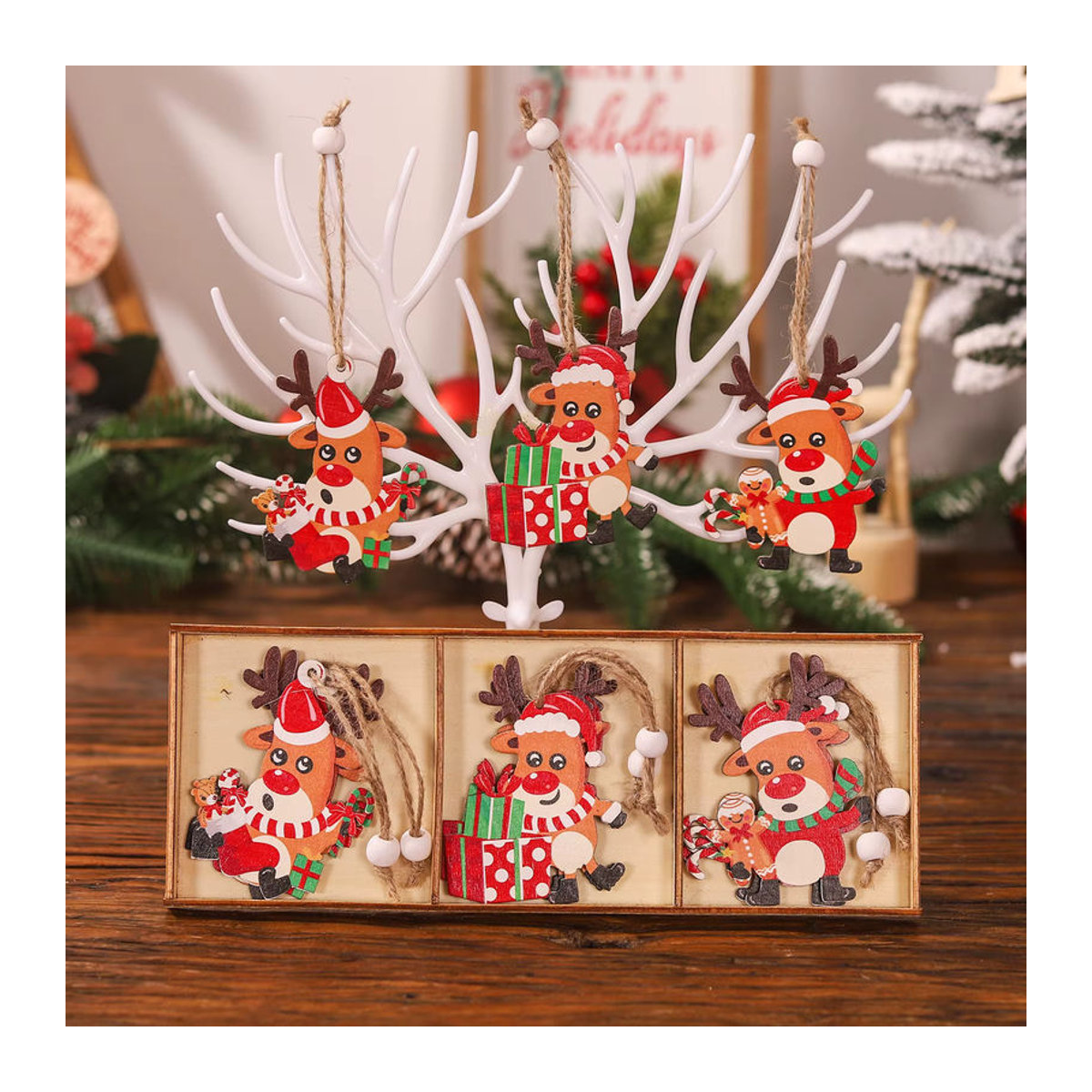 WEIGAO 9er Set Holz Weihnachtsanhänger mit Weihnachtsmann, Schneemann und Rentier in Mehrfarbig für skandinavische Weihnachtsdekoration - Bild 4