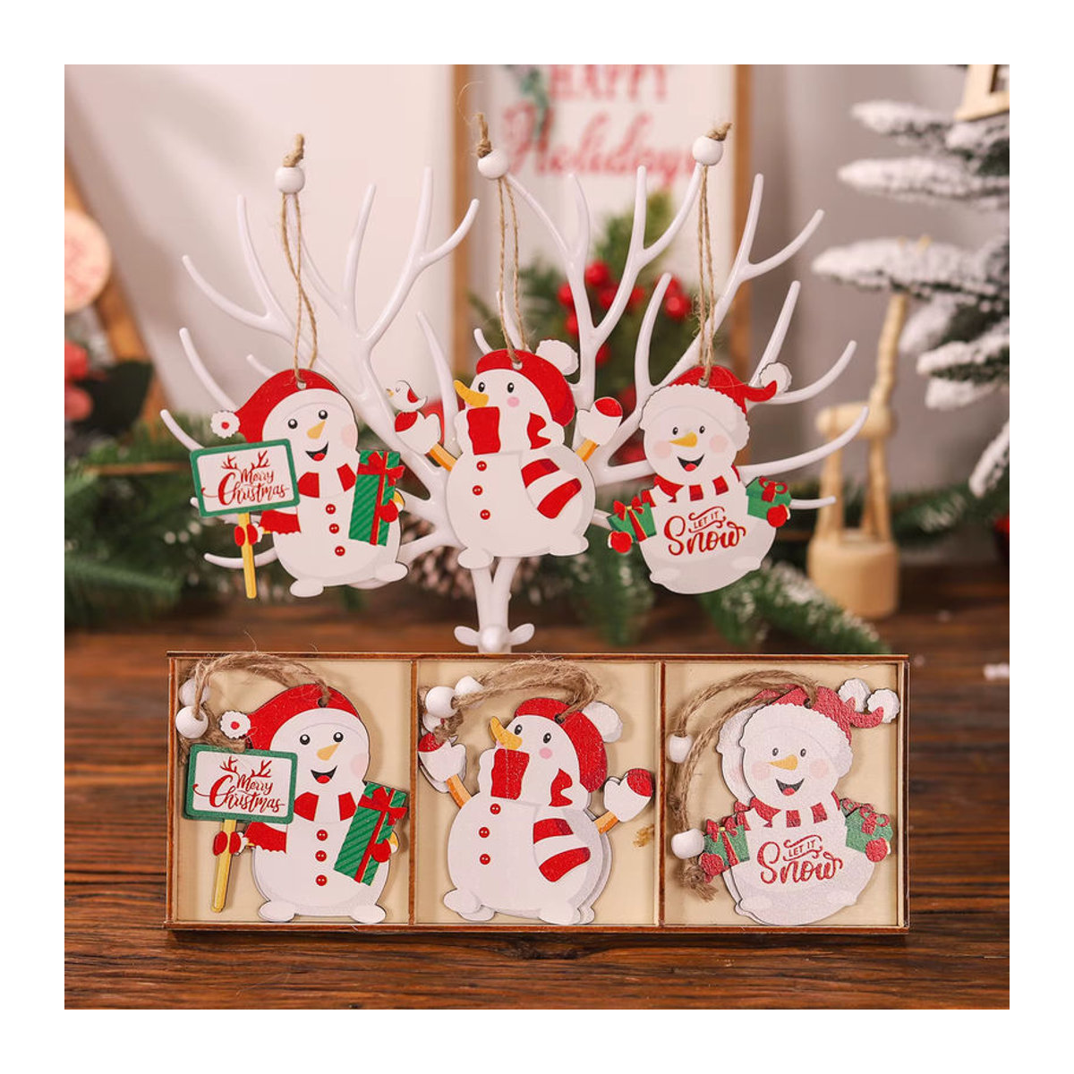 WEIGAO 9er Set Holz Weihnachtsanhänger mit Weihnachtsmann, Schneemann und Rentier in Mehrfarbig für skandinavische Weihnachtsdekoration - Bild 5