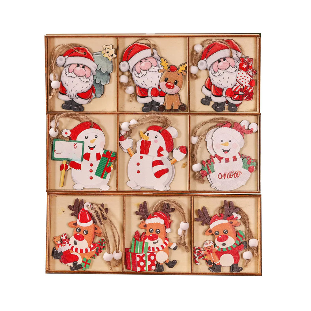 WEIGAO 9er Set Holz Weihnachtsanhänger mit Weihnachtsmann, Schneemann und Rentier in Mehrfarbig für skandinavische Weihnachtsdekoration - Bild 7
