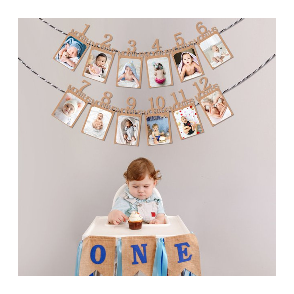 WEIGAO Foto-Banner Wimpelkette aus Papier für das erste Babyjahr, Beige, Dekoration für den 1. Geburtstag - Bild 1
