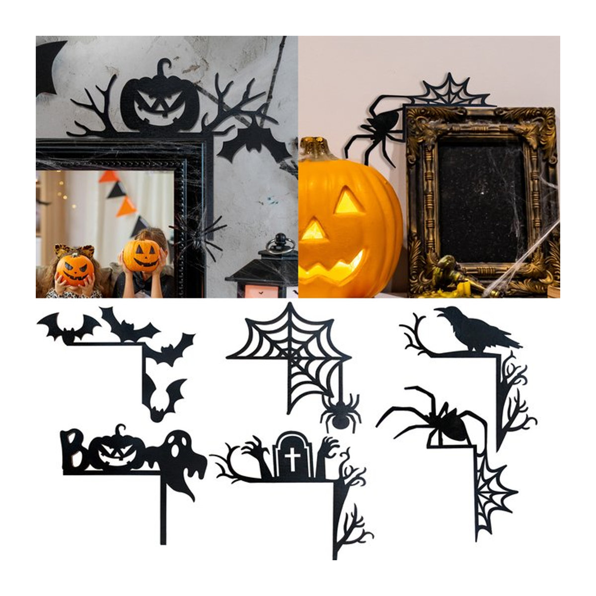 WEIGAO Halloween Türrahmen Dekoration aus Holz in Schwarz mit Kürbis Spinnennetz und Fledermaus Ornamenten - Bild 1