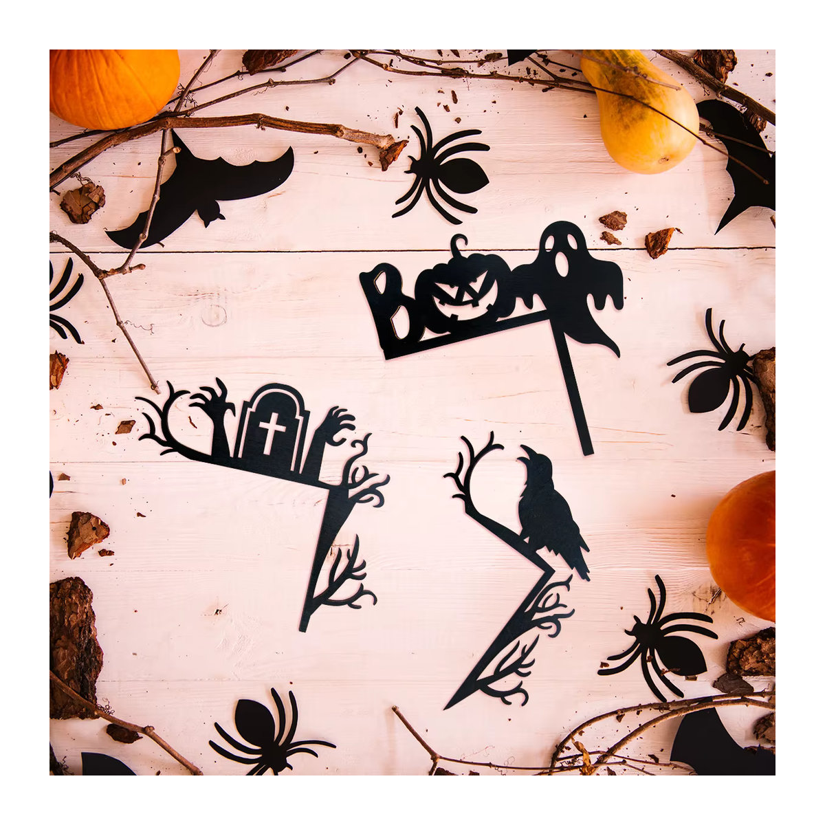 WEIGAO Halloween Türrahmen Dekoration aus Holz in Schwarz mit Kürbis Spinnennetz und Fledermaus Ornamenten - Bild 2