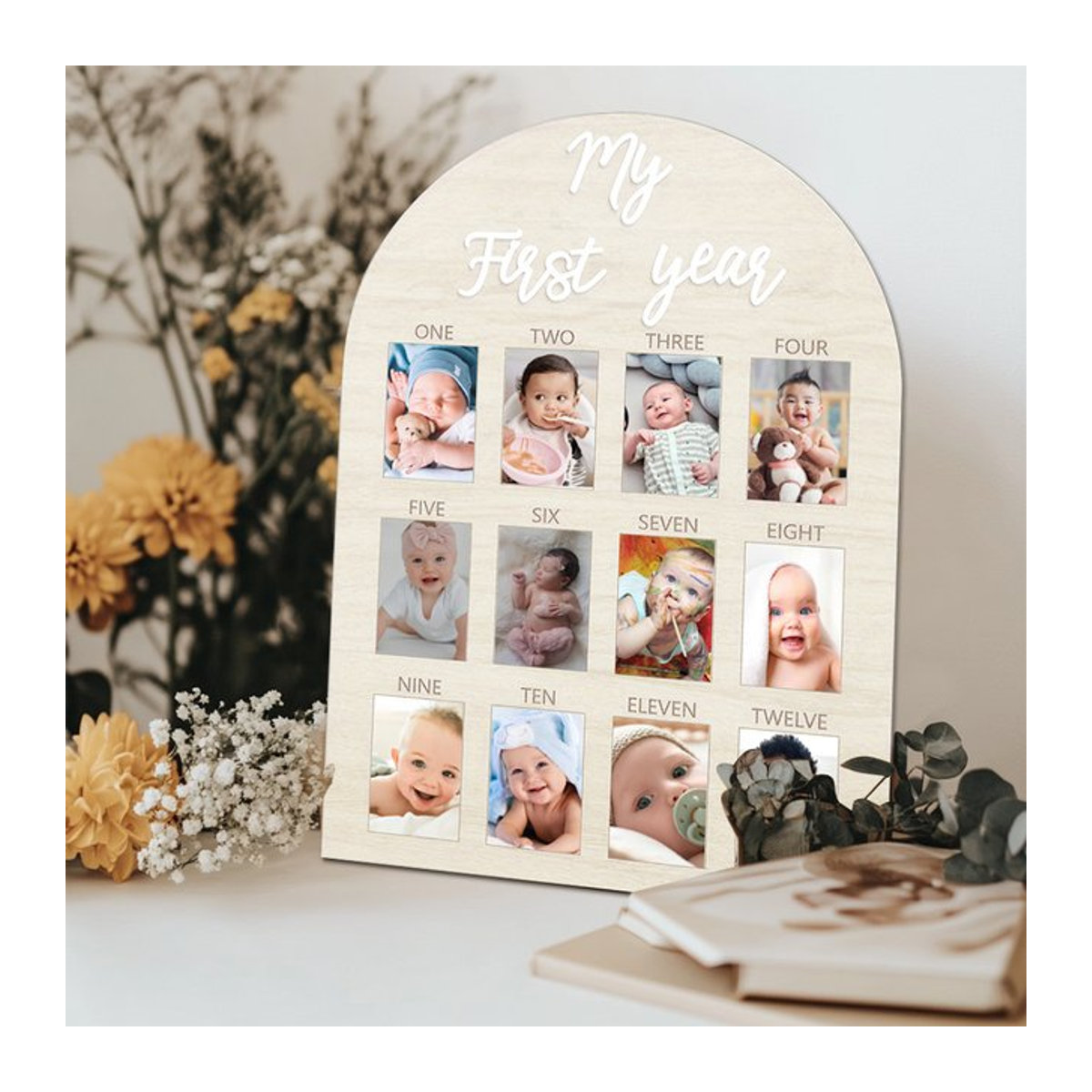 WEIGAO My First Year Growth Meilenstein-Fototafel aus Holz mit 12 Rahmen für Baby-Fotos und Dekoration zum ersten Geburtstag, B/H/T: 42 x 30 x 2 cm - Bild 1