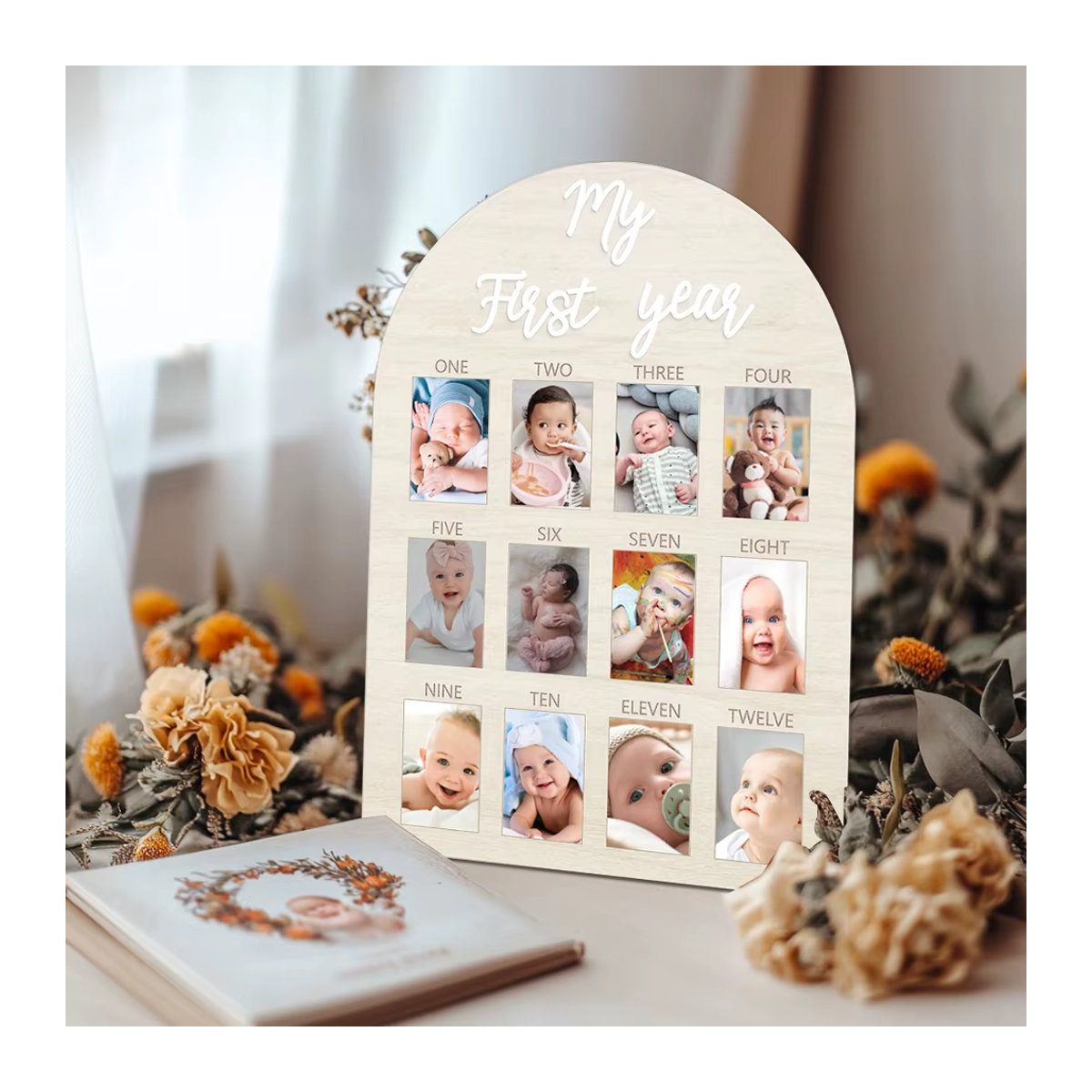 WEIGAO My First Year Growth Meilenstein-Fototafel aus Holz mit 12 Rahmen für Baby-Fotos und Dekoration zum ersten Geburtstag, B/H/T: 42 x 30 x 2 cm - Bild 2