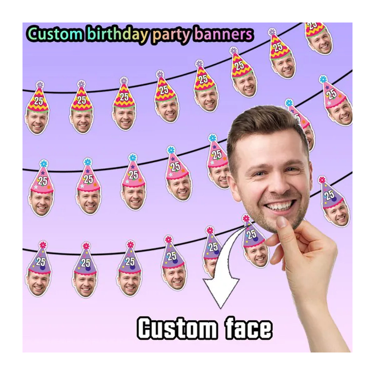 WEIGAO Personalisiertes Geburtstagshut-Banner aus Papier in Rosa und Lila mit hängendem Design für Erwachsene - Bild 1
