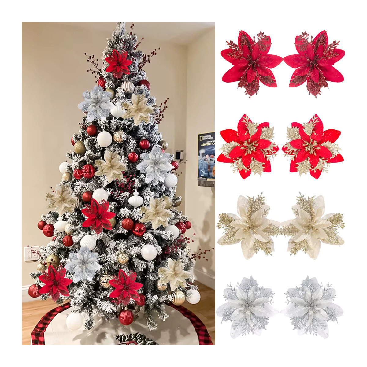 WEIGAO Set aus 5 künstlichen Weihnachtssternen in Rotgold, glitzernde Textil-Poinsettien mit Stielen und Clips zur Dekoration - Bild 2