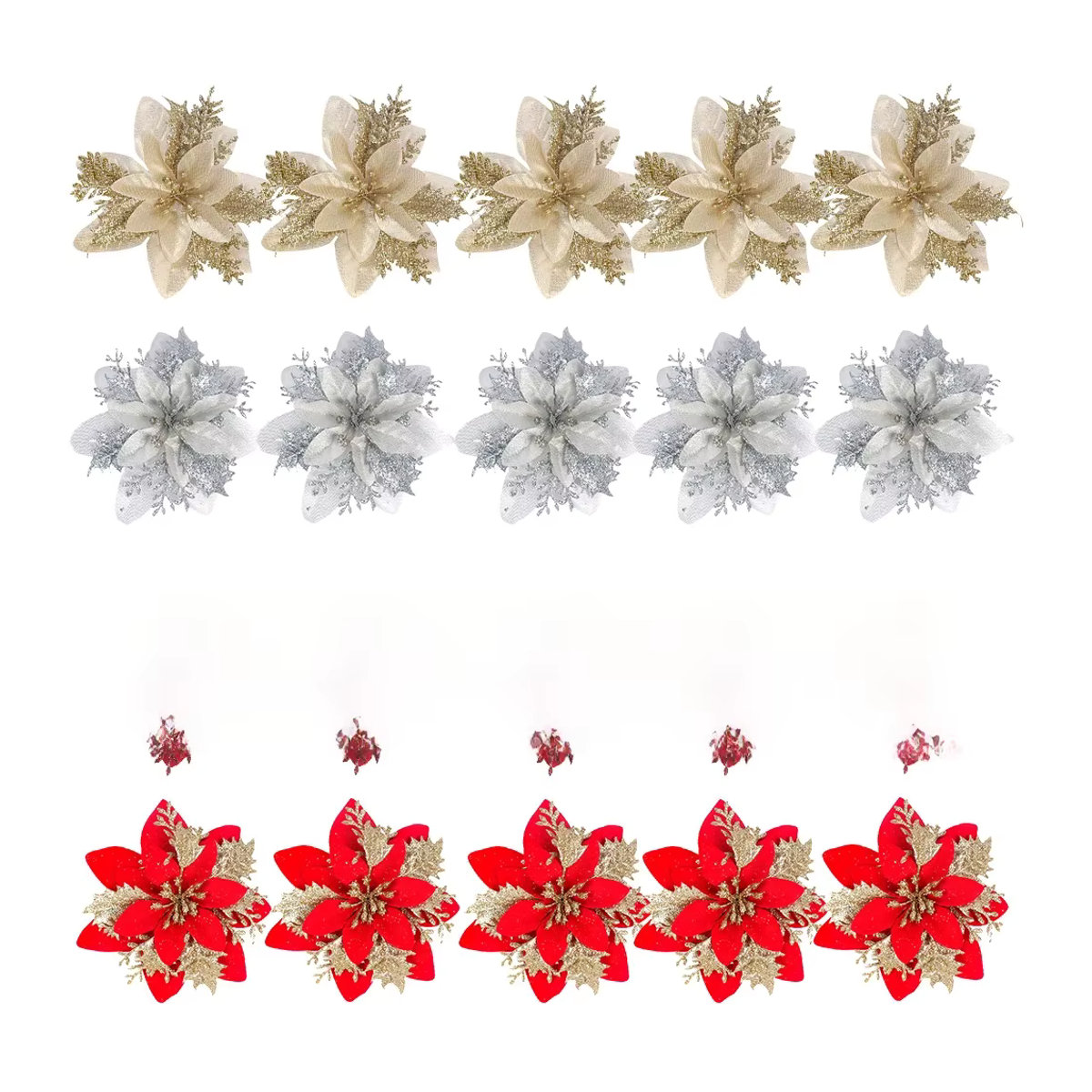 WEIGAO Set aus 5 künstlichen Weihnachtssternen in Rotgold, glitzernde Textil-Poinsettien mit Stielen und Clips zur Dekoration - Bild 4