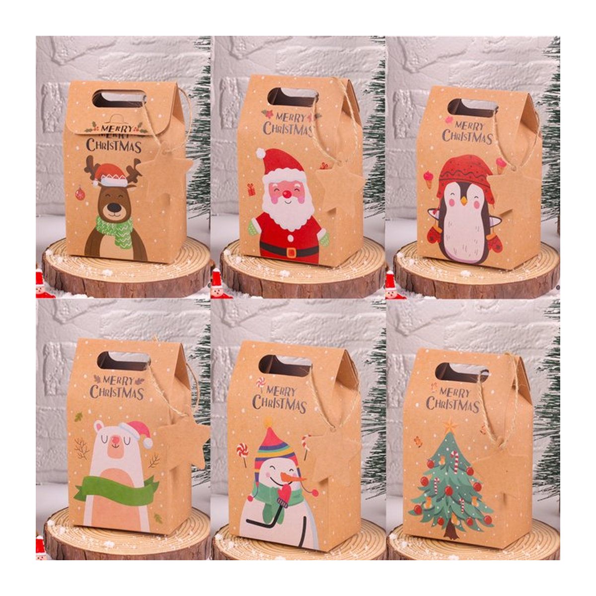 WEIGAO Weihnachtliche Geschenkboxen aus Kraftpapier in Braun für Süßigkeiten und Cookies mit Santa und Schneemann Motiven - Bild 1